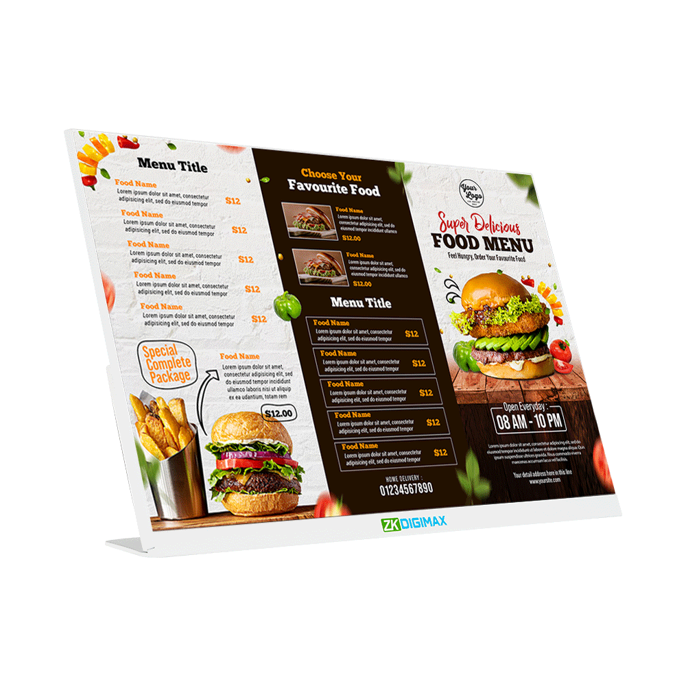 24" Desktop Display zkdigimax mock food menu slanted right
