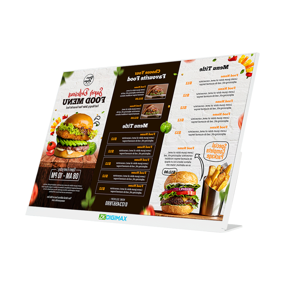 24" Desktop Display zkdigimax mock food menu slanted left